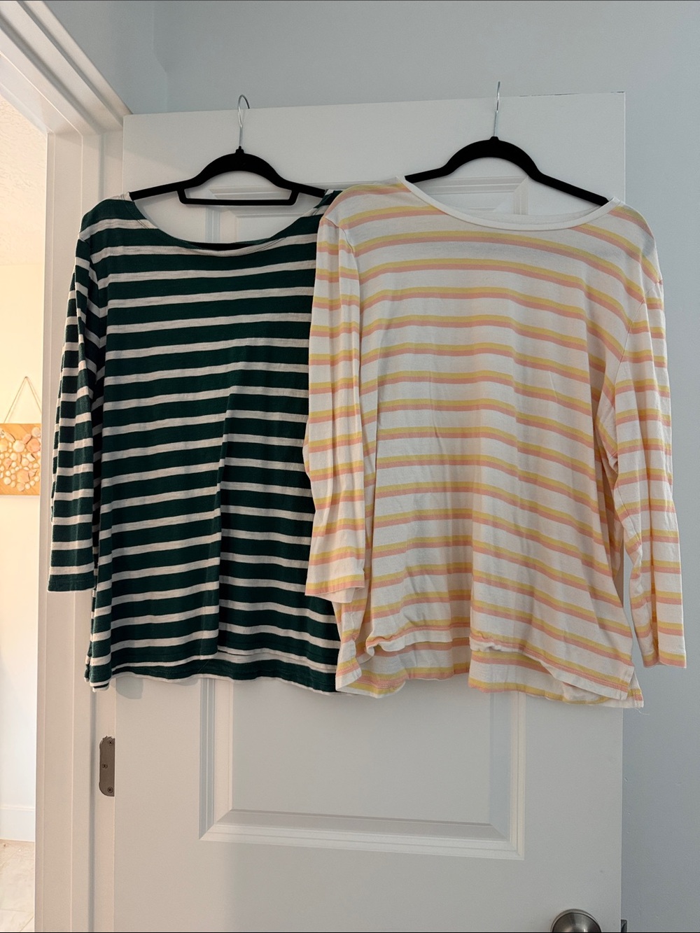 Old Navy Striped Long-Sleeve Boatneck Tops - White, Yellow & Green